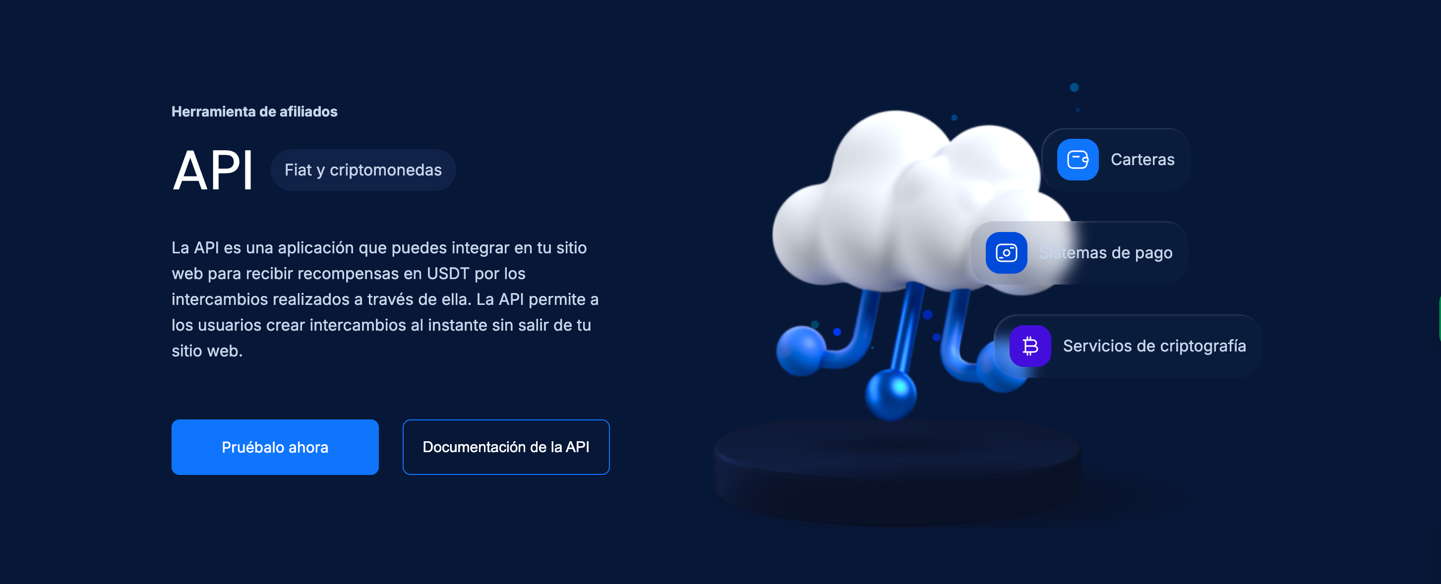 Sección de la API de afiliados de SimpleSwap que muestra la integración de intercambios de criptomonedas y fiat, con soporte para carteras, sistemas de pago y servicios criptográficos a través de una interfaz basada en la nube.