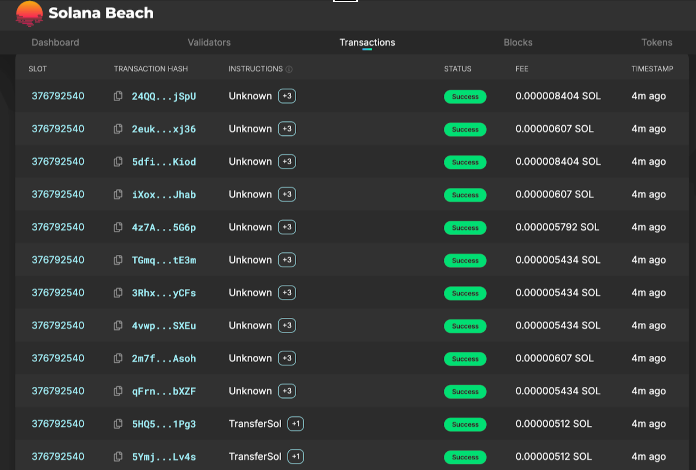 Screenshot from Solana Beach showing recent Solana blockchain transactions with very low fees between 0.00000512 and 0.000008404 SOL, all marked as successful within the past few minutes.