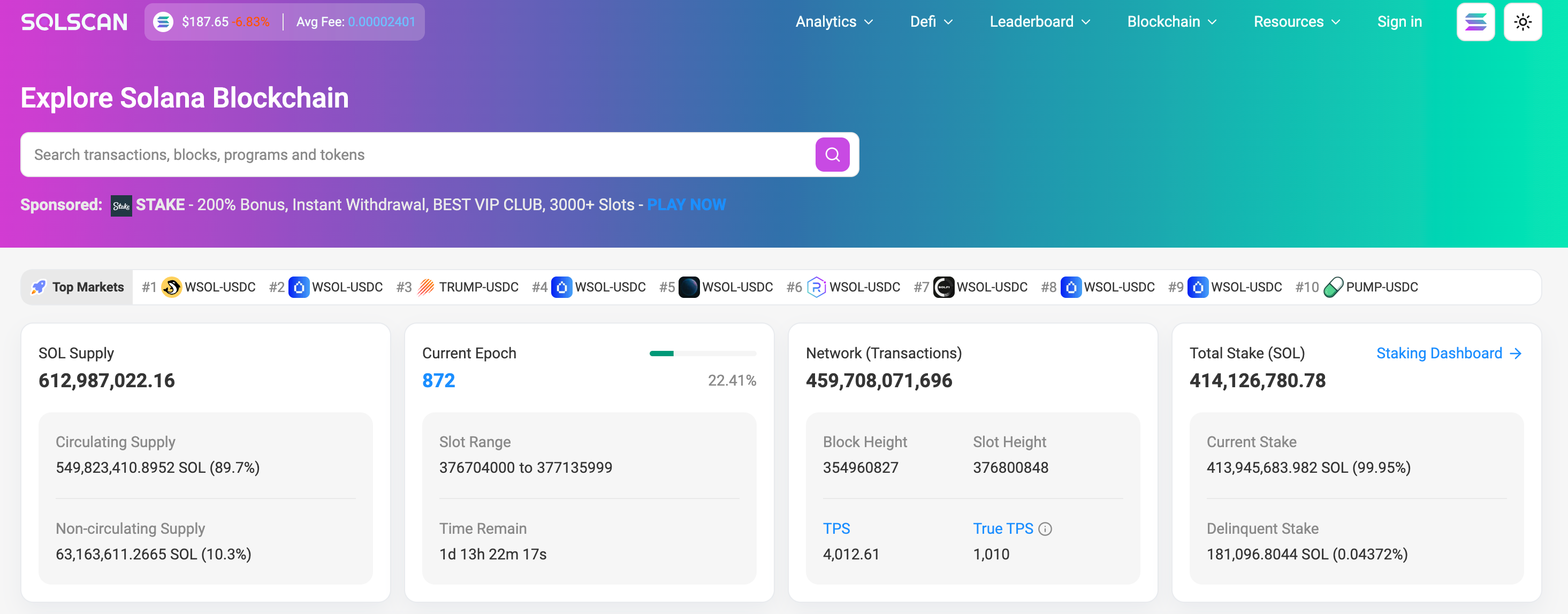 Screenshot of Solscan dashboard displaying Solana blockchain statistics, including SOL supply of 612,987,022, network transactions exceeding 459 billion, total stake of 414 million SOL, and a current epoch of true transactions per second.