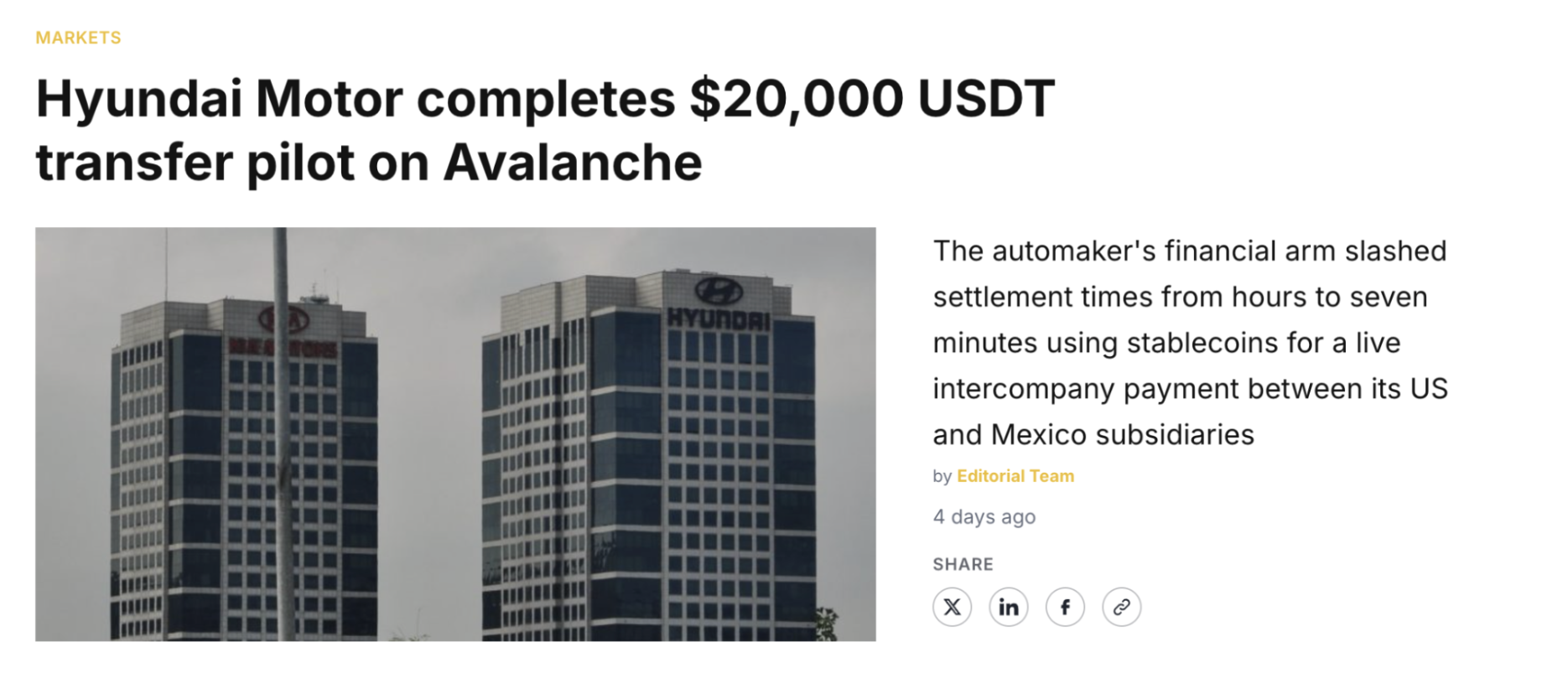 Hyundai's pilot program for cross-border USDT settlements.
