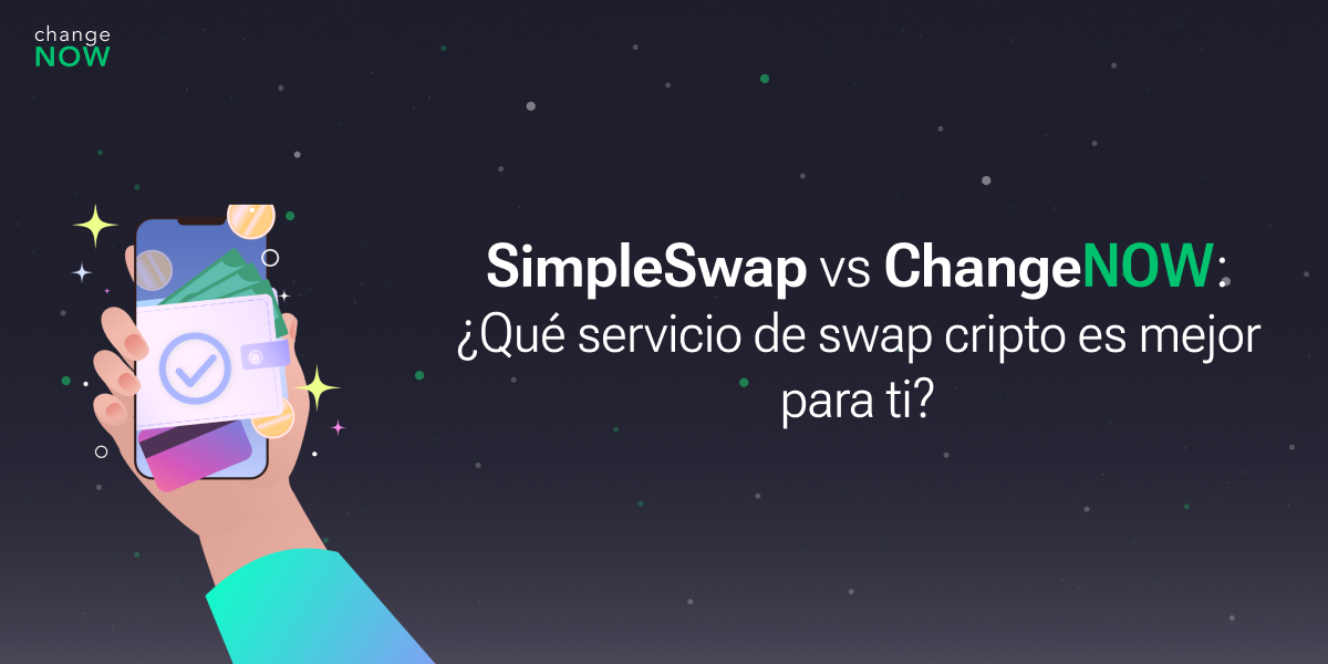 Imagen ilustrativa que compara SimpleSwap y ChangeNOW, mostrando una mano con una wallet digital y elementos gráficos relacionados con criptomonedas.