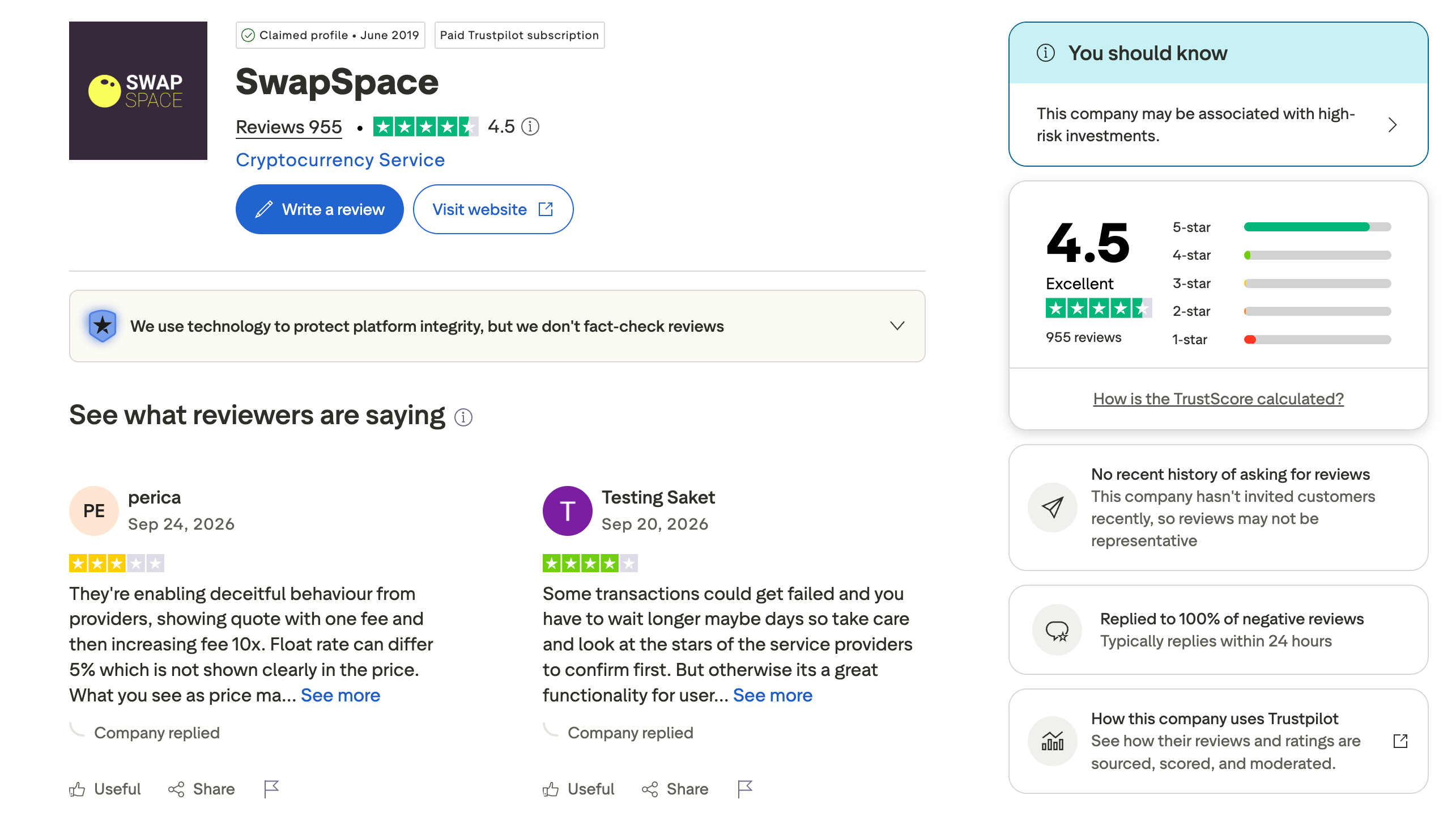SwapSpace on Trustpilot.