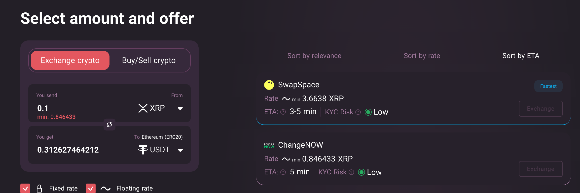 This picture shows that at SwapSpace users can filter options by ETA