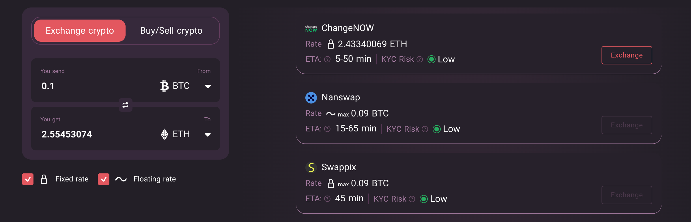 This picture shows that at SwapSpace a user can filter exchange options by KYC