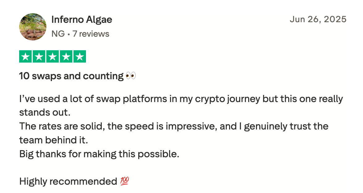 This picture shows positive review on TrustPilot about SwapSpace7 User named Inferno Algae praises rates, speed, and underlines that he trusts the aggregator