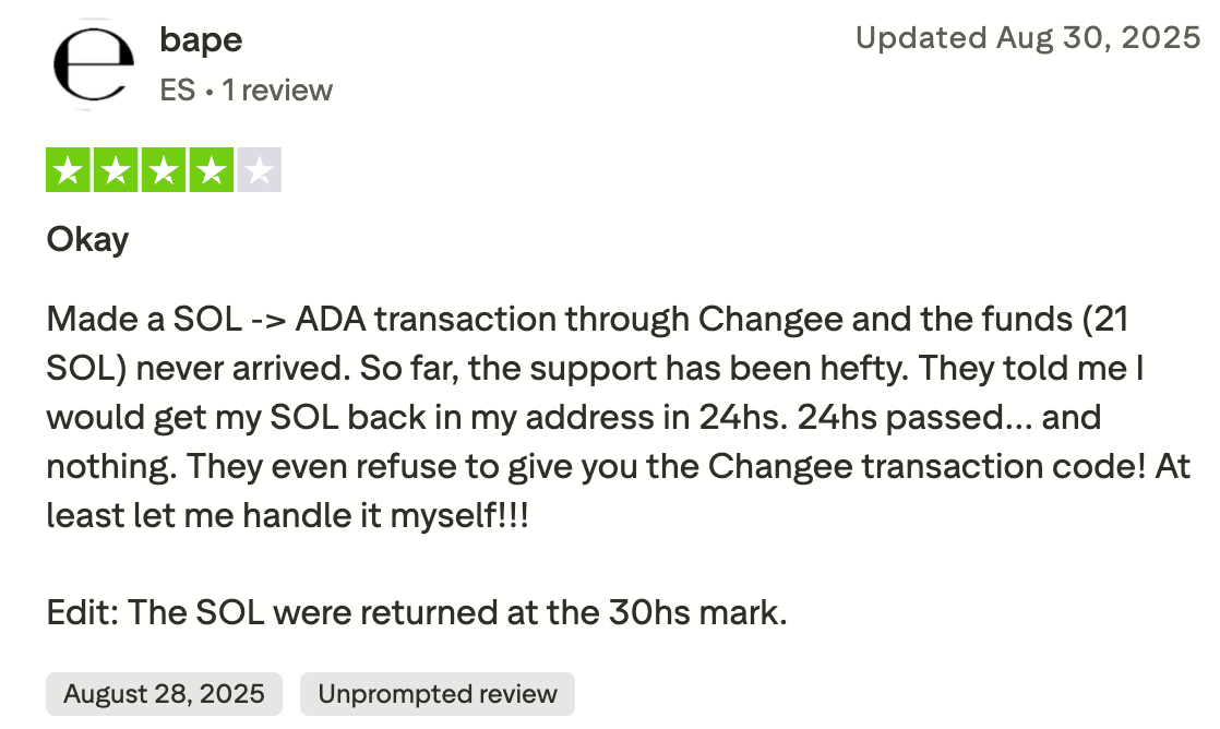 This picture shows Trust Pilot 4/5 review by user named "bape". The user tells about issues with transaction, which was resolved only 30 hours later.