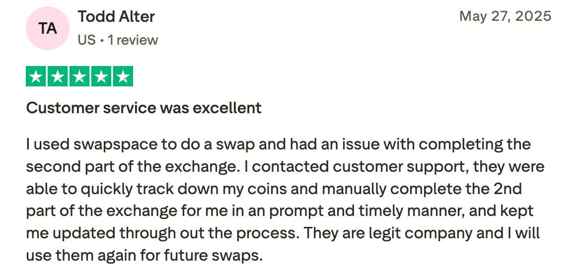 This picture shows Todd Alter's review on TrustPilot. The user praises SwapSpace support, highlighting their speed.