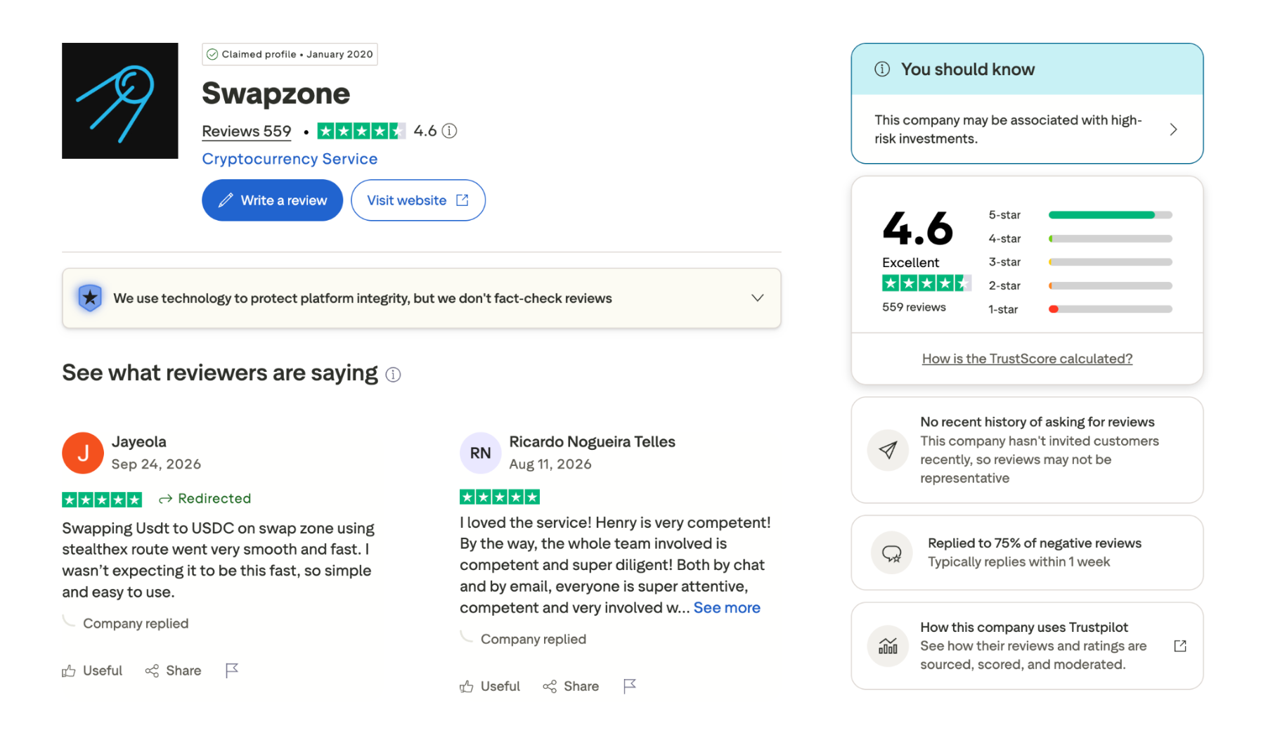 Swapzone Trustpilot.