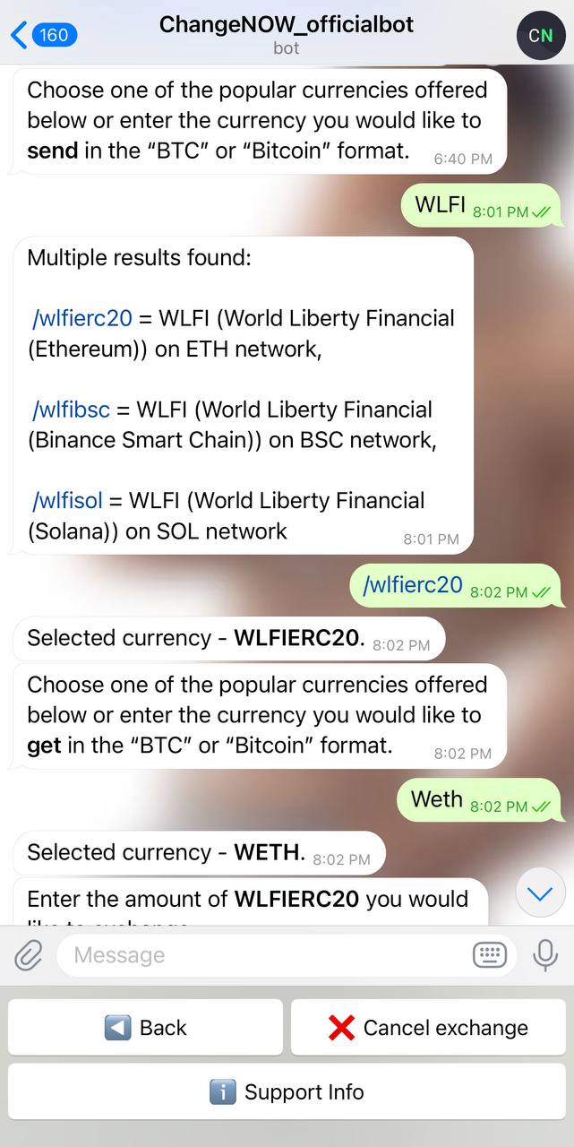 This picture shows ChangeNOW's telegram bot interface
