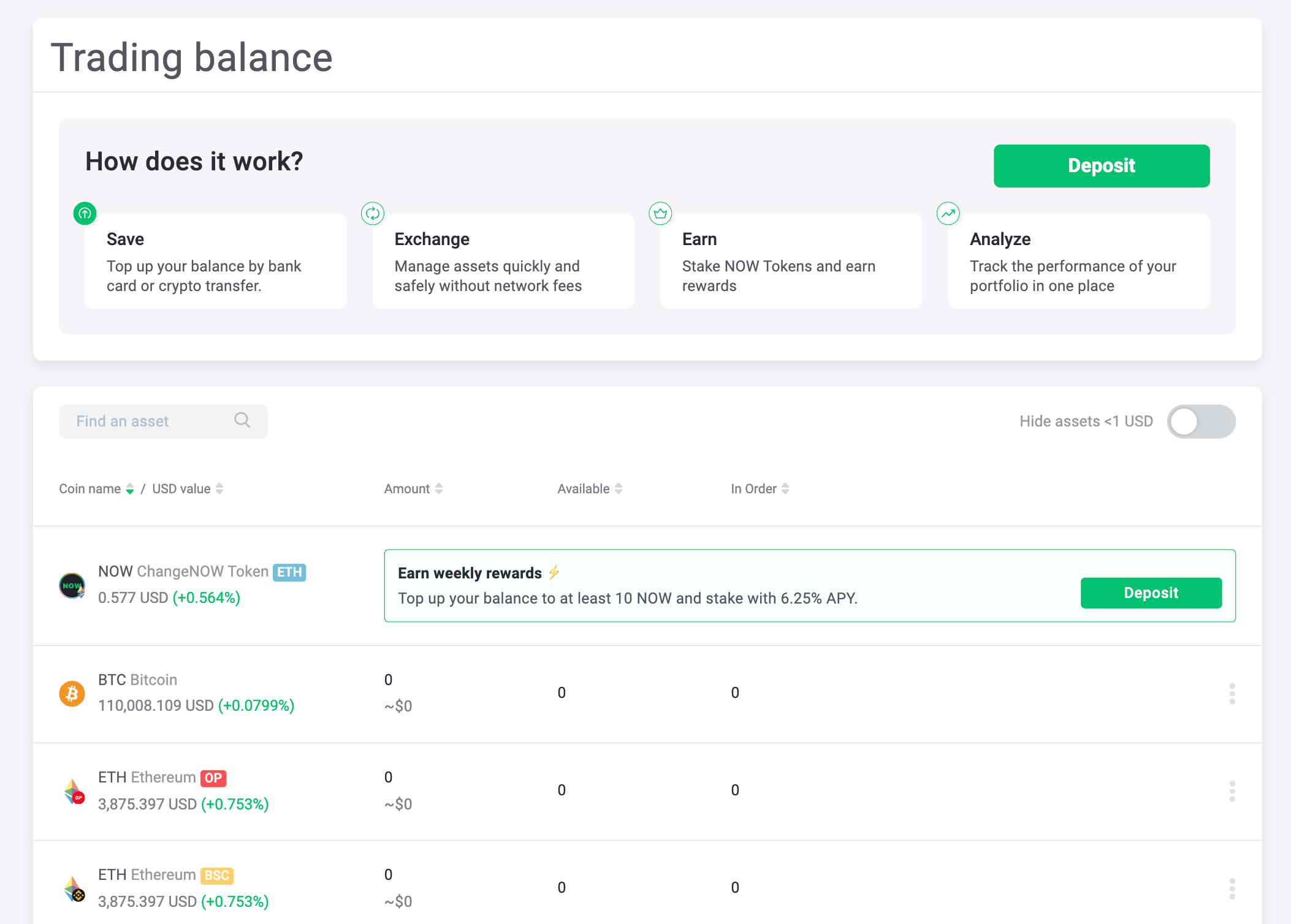 This image shows the trading balance and how it works at ChangeNOW.