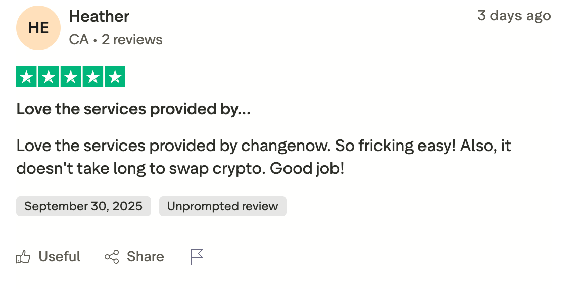 This picture shows ChangeNOW Trustpilot review: the user praises the speed and ease of use
