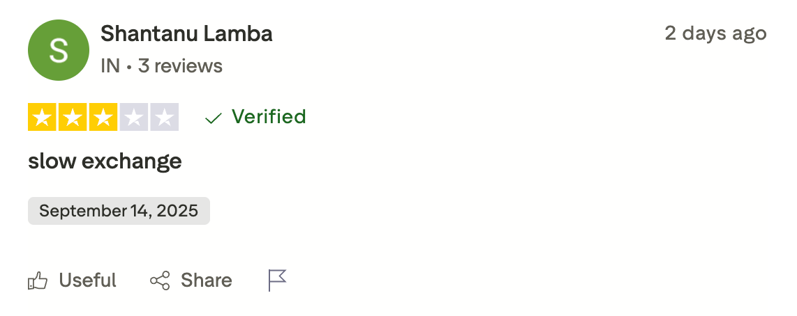 This picture shows LetsExchange Trustpilot review: the user highlights LetsExchange slow speed