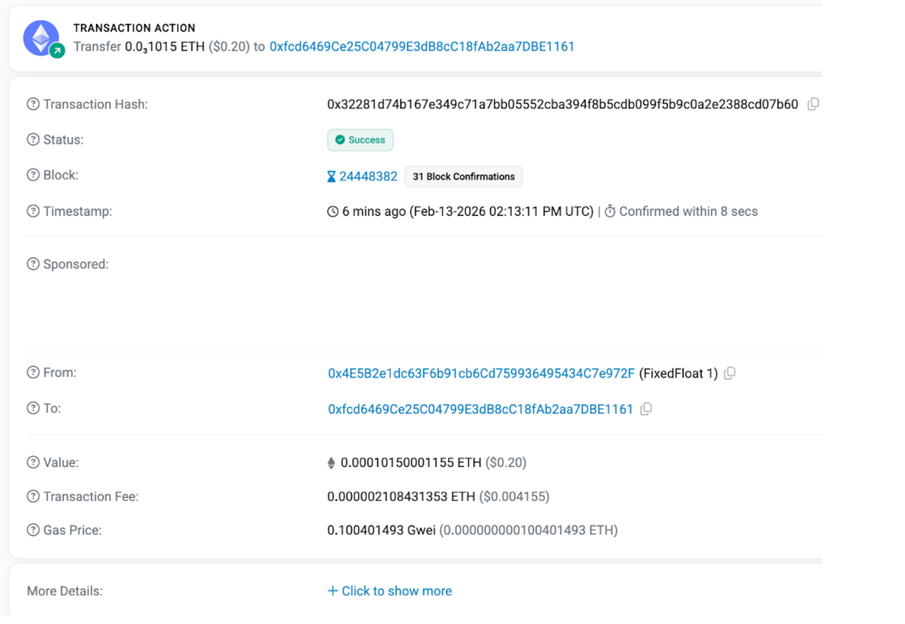 Example of a real transaction on a blockchain explorer.