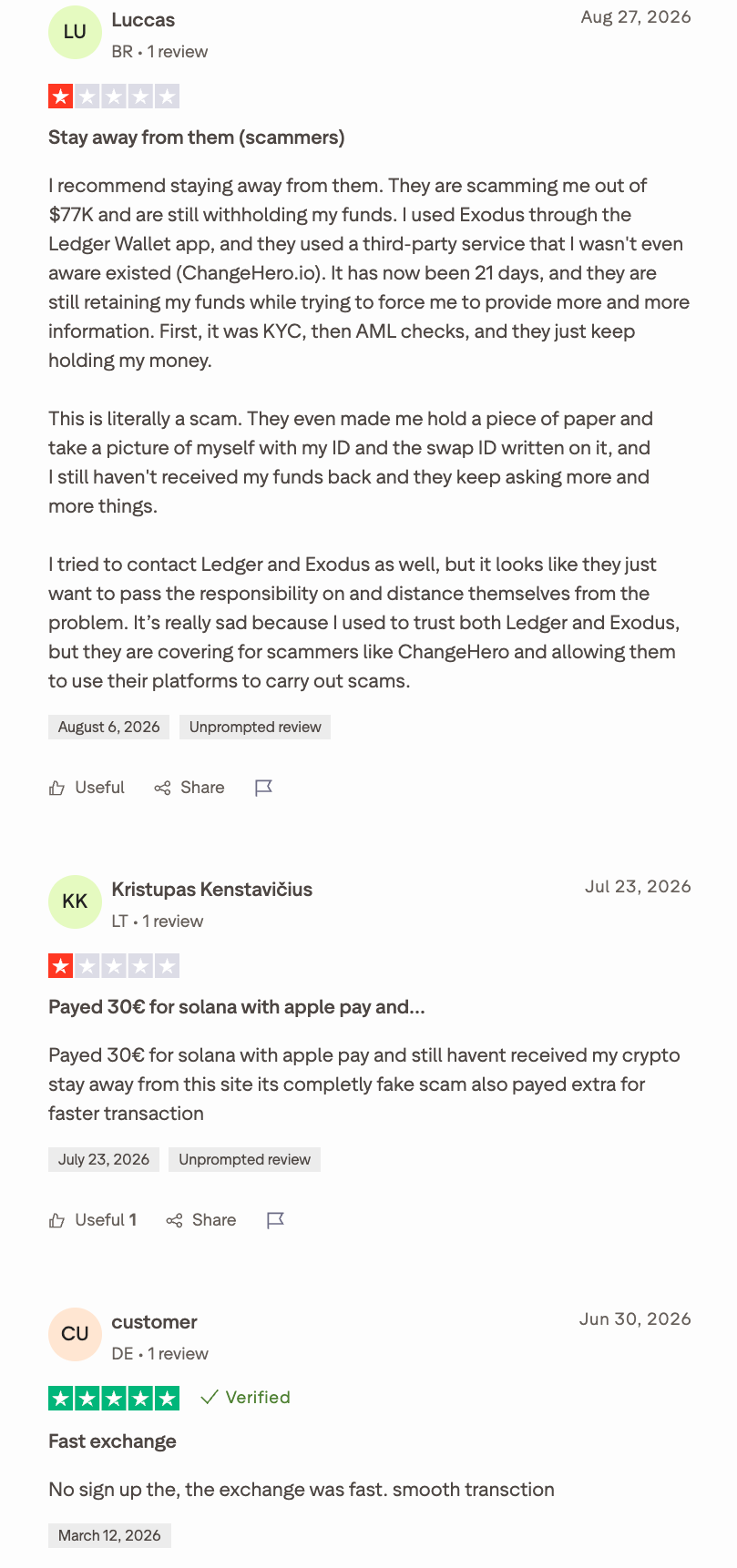 ChangeHero Trustpilot Reviews.