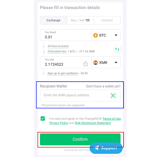 This screenshot shows how to swap crypto on ChangeNOW
