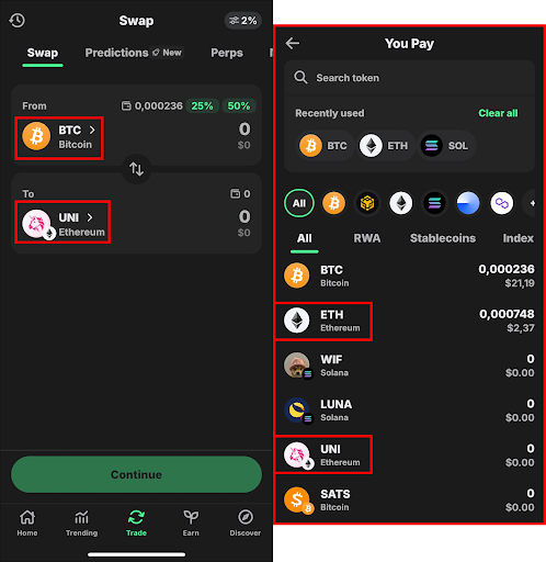 This screenshot shows how to find needed tokens for swap in Trust Wallet