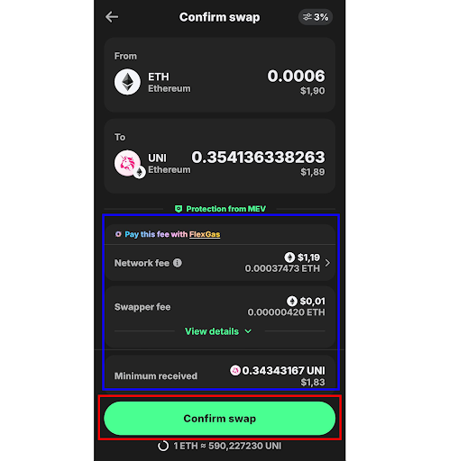 This screenshot shows the transaction details and the following step