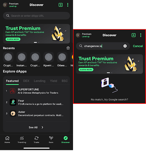 This screenshot shows how to find ChangeNOW in the Trust Wallet's Discover section