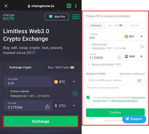 This screenshot shows how to use ChangeNOW in the Trust Wallet