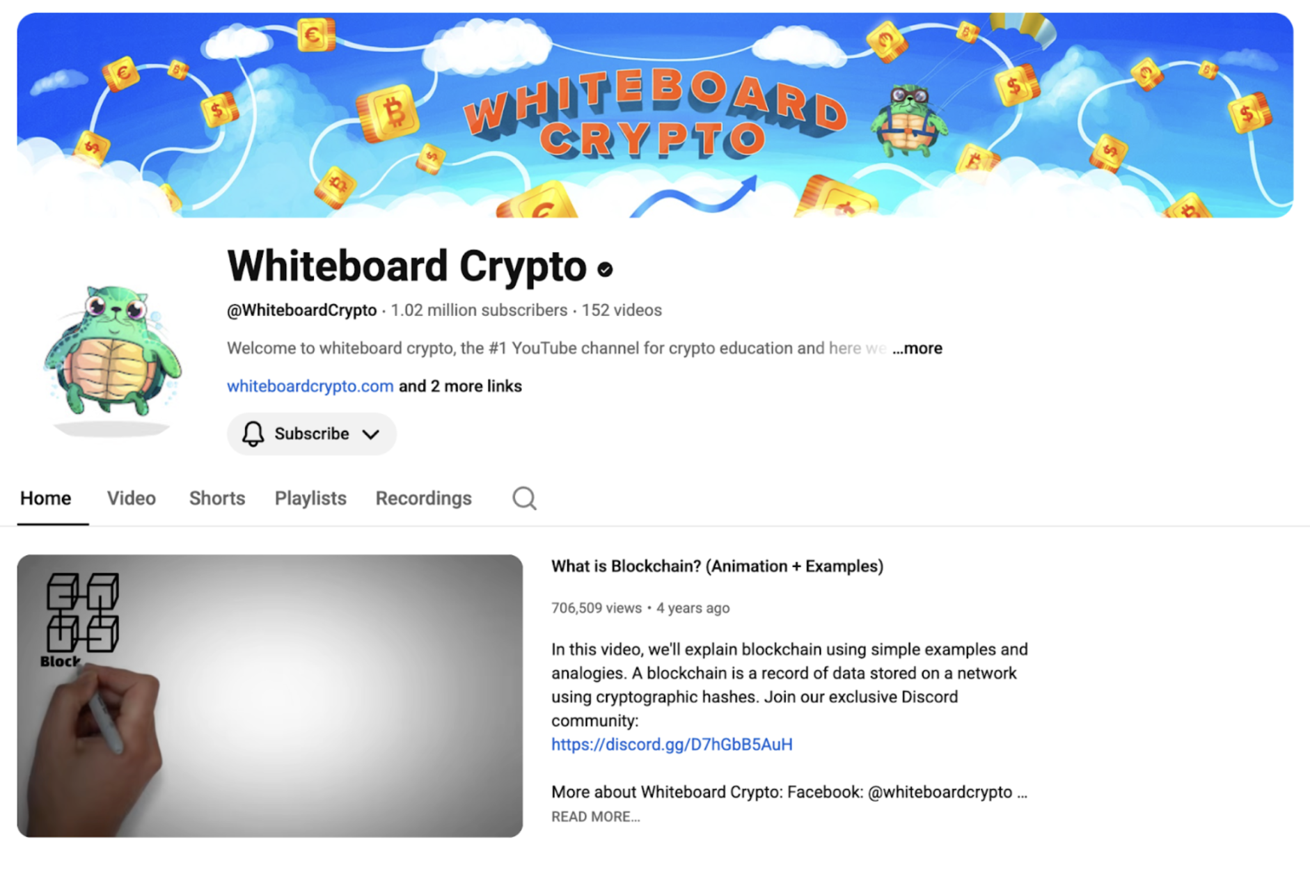 This image shows the Whiteboard Crypto's Youtube channel.