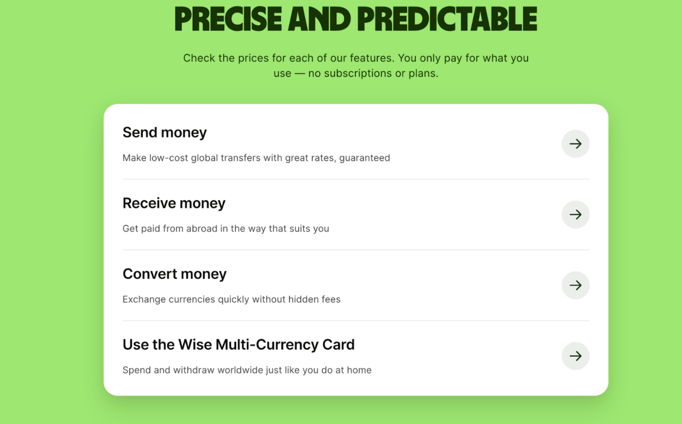 This image from Wise showing options for sending, receiving, and converting money, plus using the Wise Multi-Currency Card, emphasizing low-cost global transfers and no hidden fees.